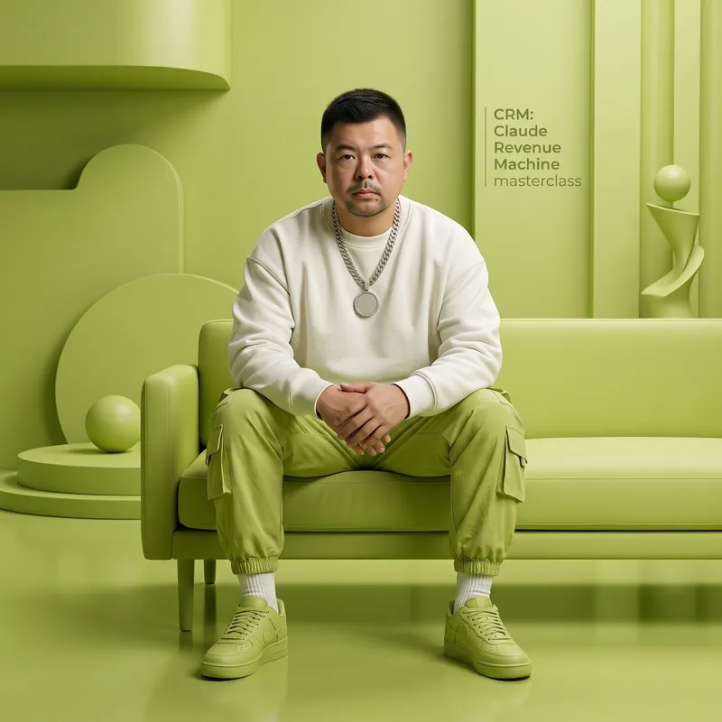 Coach BK Han seated on a lime-green sofa for the CRM: Claude Revenue Machine masterclass